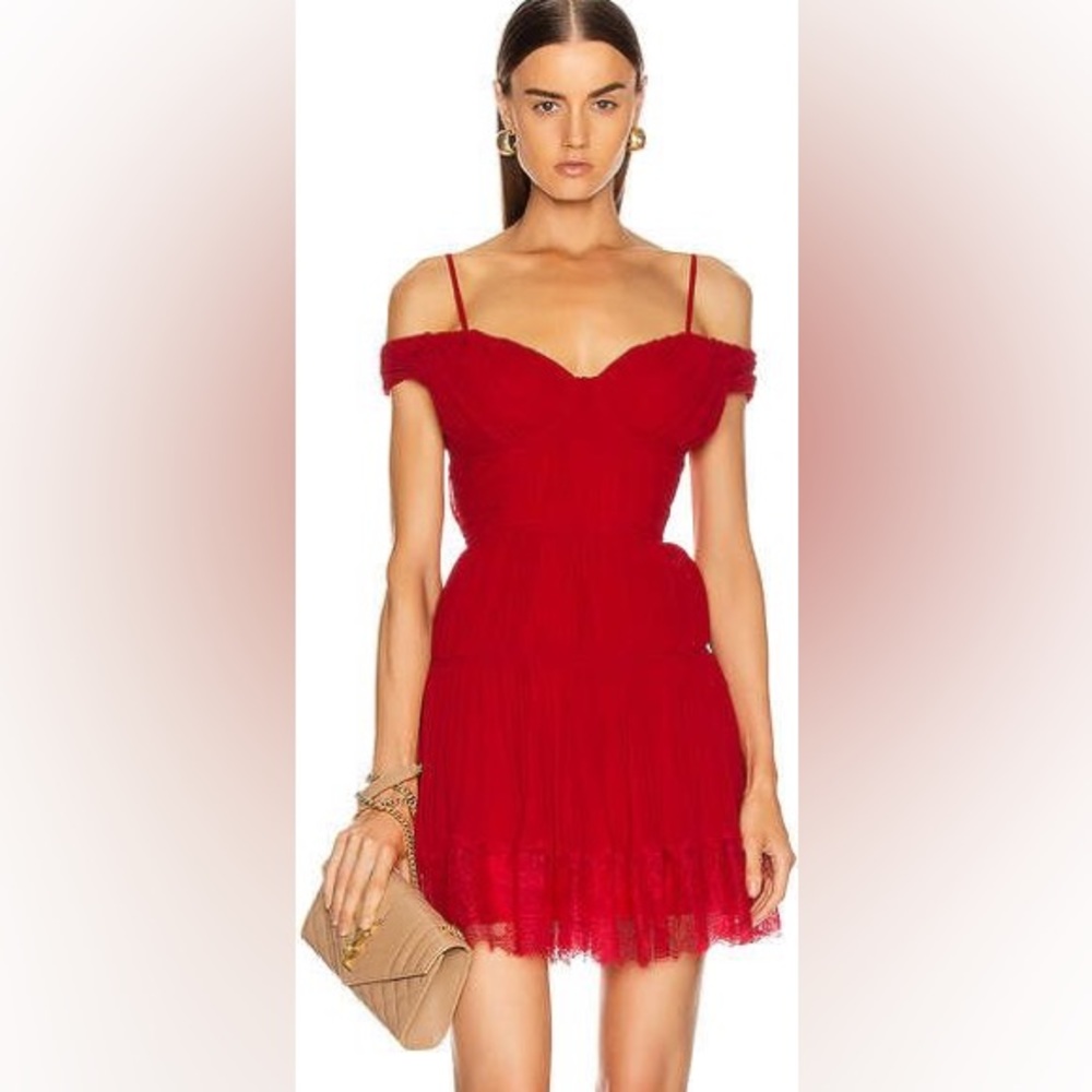 OFF-THE-SHOULDER PLEATED CHIFFON MINI DRESS IN RED-DRK